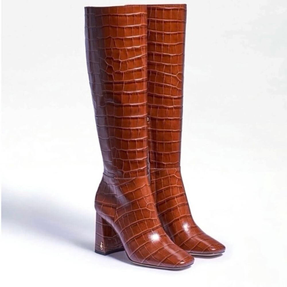 NEW SAM EDELMAN Clarem Leather Croc Embossed High Block Heeled Tall Boots SZ 6.5 - Picture 2 of 13